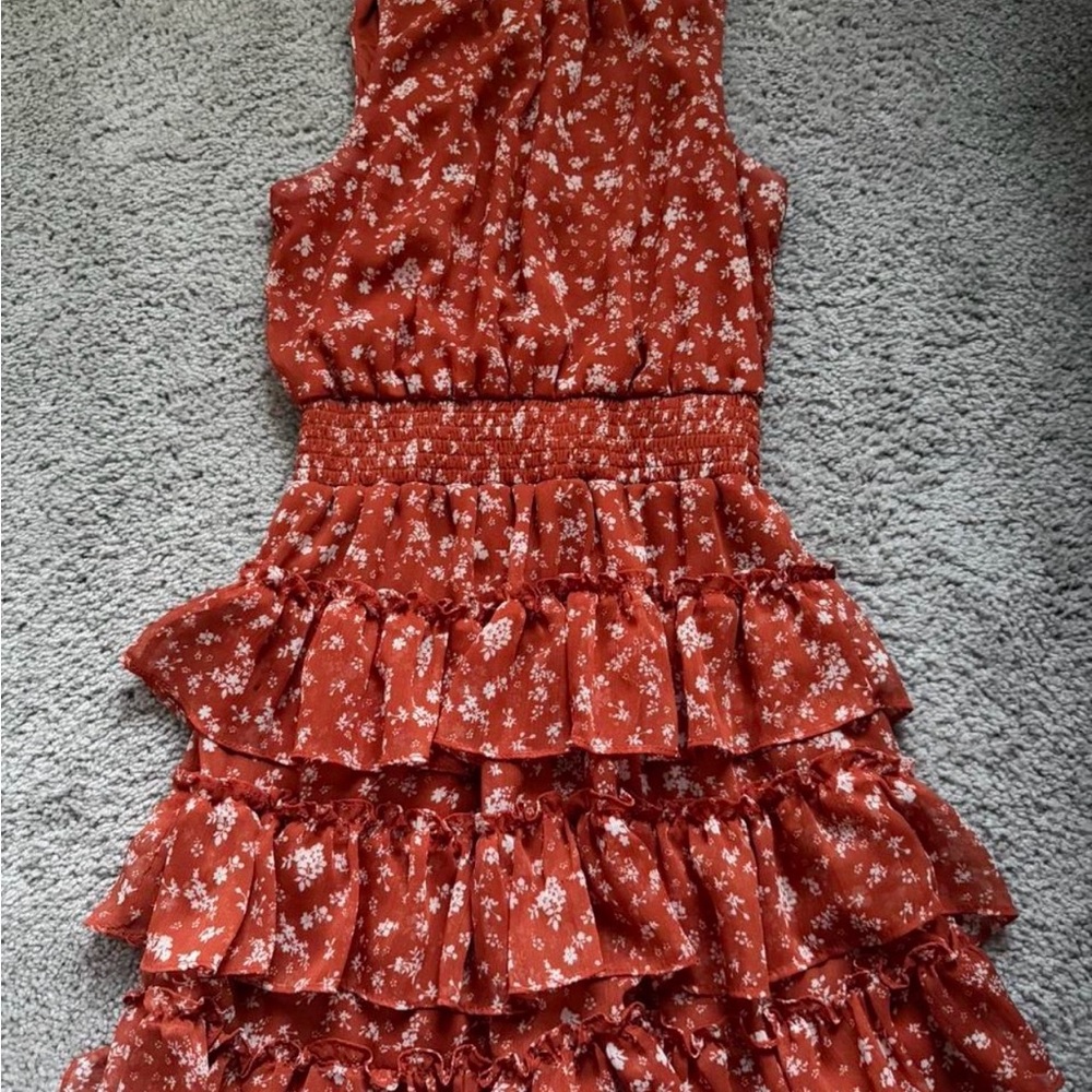 1 State Rust Floral Ruffle Tiered Dress